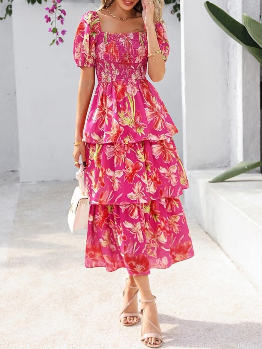 Floral Tiered Midi Dress in Hot Pink